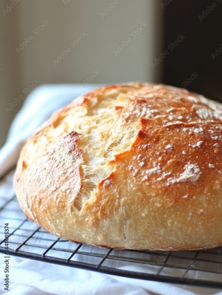Golden Artisan Bread Loaf Cooling on Wire Rack Capturing Rustic Charm and Fresh Baked Goodness in a Warm and Inviting Kitchen Setting with Natural Light