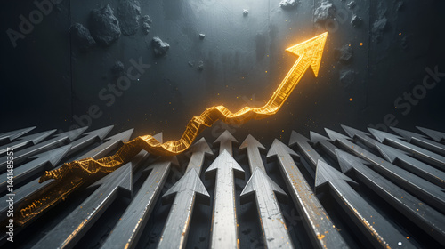 A bright gold arrow ascends above several silver arrows, symbolizing leadership and exceeding expectations.  The scene is set against a dark, metallic backdrop. photo