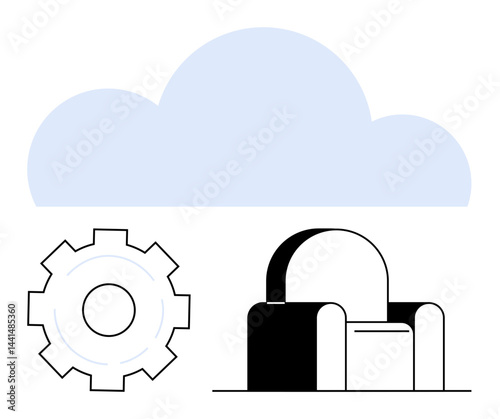 Cloud representation with gear and modern armchair combines technology, innovation, comfort. Ideal for cloud computing, technology, business, lifestyle, interior design, minimalism simple landing