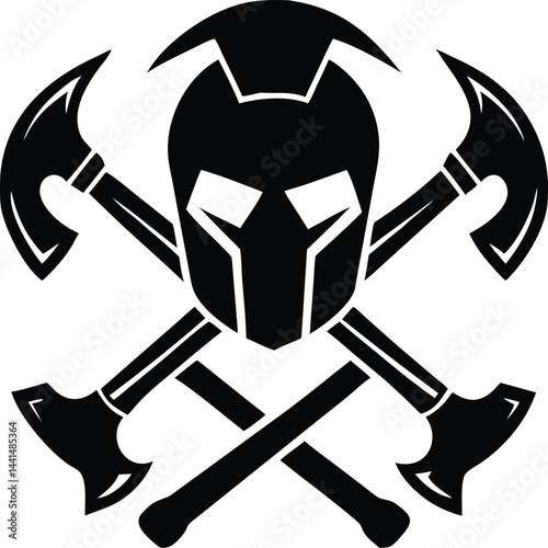 Spartan Helmet Logo - Minimalist Black & White Warrior Symbol with Crossed Hammers