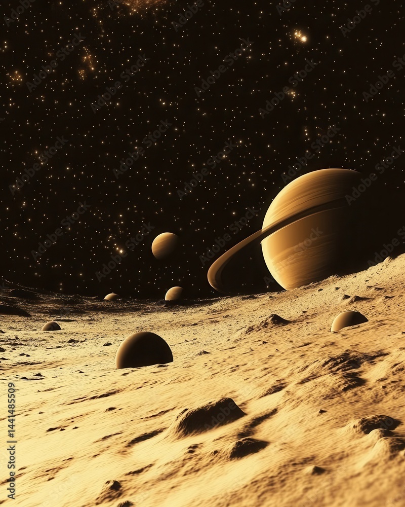 Saturn and moons on a sandy planet surface with stars in the background in a space landscape astronomy exploration cosmic scene with beautiful light and shadow
