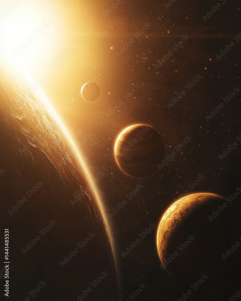 Cosmic Symphony of Planets in Golden Light A Breathtaking Space Scene with Celestial Bodies and Distant Stars Beautiful Universe Exploration