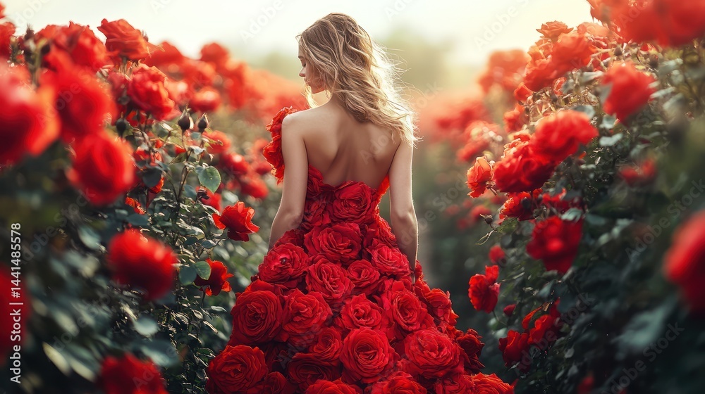 Elegant blonde woman with a dress made of red roses walking through rose garden