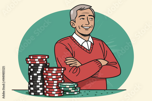 A confident middle-aged man smiles broadly while holding a large stack of potato chips.  He looks happy and satisfied.