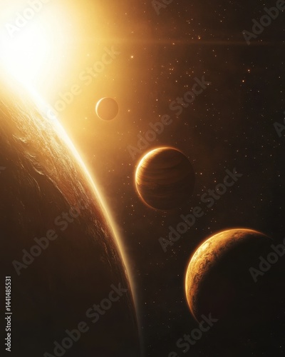 Obraz na płótnie Cosmic Symphony of Planets in Golden Light A Breathtaking Space Scene with Celestial Bodies and Distant Stars Beautiful Universe Exploration w salonie
