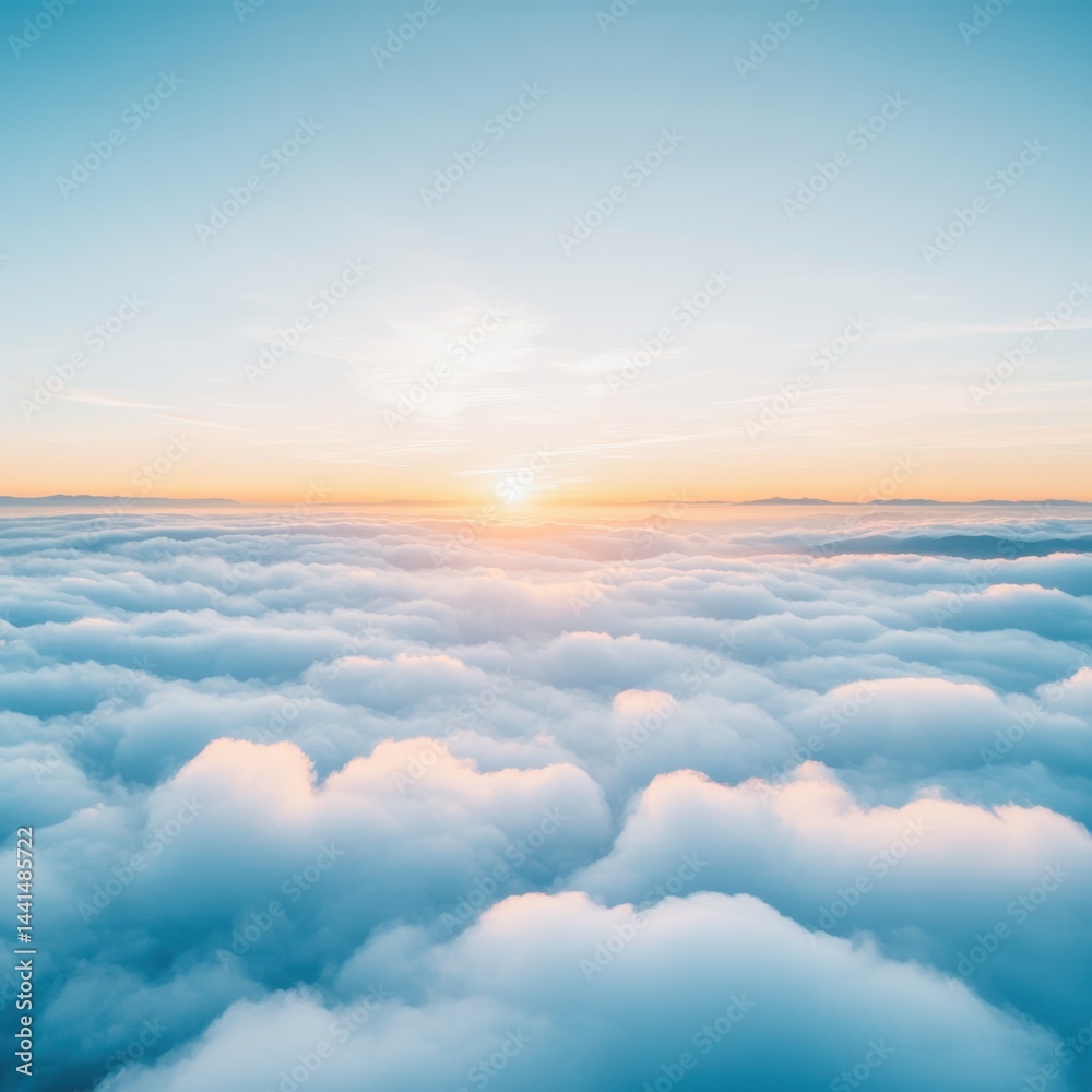 Ethereal aerial view of fluffy clouds bathed in the warm glow of sunrise creating a serene and dreamy atmosphere with soft pastel colors and a sense of tranquility