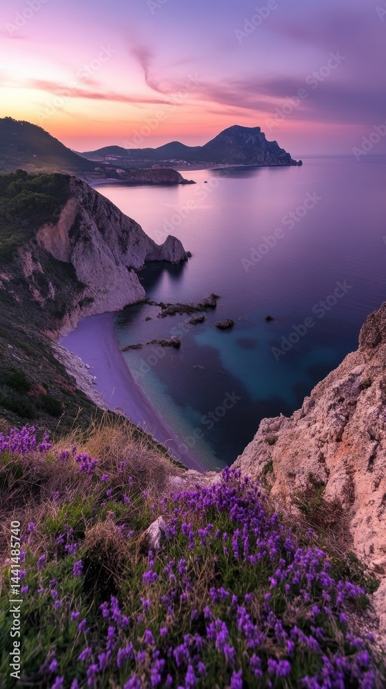 Serene coastal landscape with vibrant flowers at sunrise capturing the tranquil beach and majestic mountain view in a peaceful morning ambiance