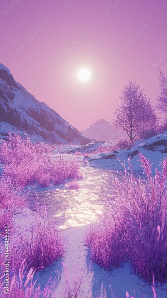 Serene winter landscape with snow covered mountains and a flowing river under a pink sky creating a peaceful and dreamy atmosphere enhanced by soft light