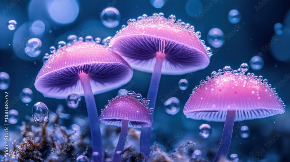 Enchanting mushrooms adorned with dewdrops in a surreal and magical atmosphere