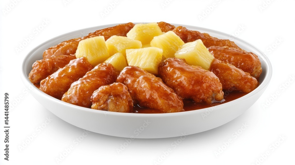 Tempting close up of a bowl of glazed chicken wings and pineapple chunks on a white background showcasing culinary delight and tropical flavor fusion for food enthusiasts