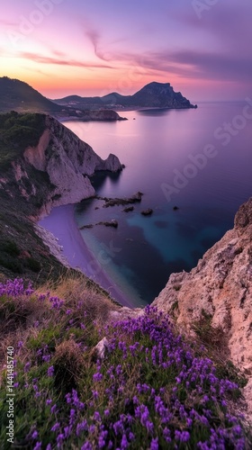 Obraz na płótnie Serene coastal landscape with vibrant flowers at sunrise capturing the tranquil beach and majestic mountain view in a peaceful morning ambiance w salonie