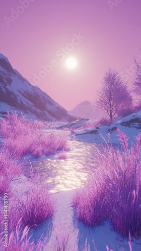 Obraz na płótnie Serene winter landscape with snow covered mountains and a flowing river under a pink sky creating a peaceful and dreamy atmosphere enhanced by soft light w salonie