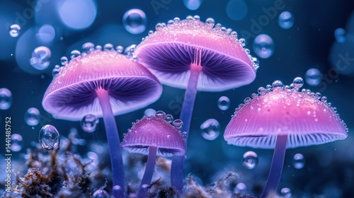 Obraz na płótnie Enchanting mushrooms adorned with dewdrops in a surreal and magical atmosphere w salonie