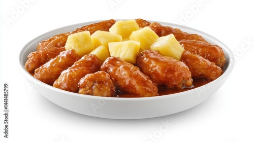 Obraz na płótnie Tempting close up of a bowl of glazed chicken wings and pineapple chunks on a white background showcasing culinary delight and tropical flavor fusion for food enthusiasts w salonie
