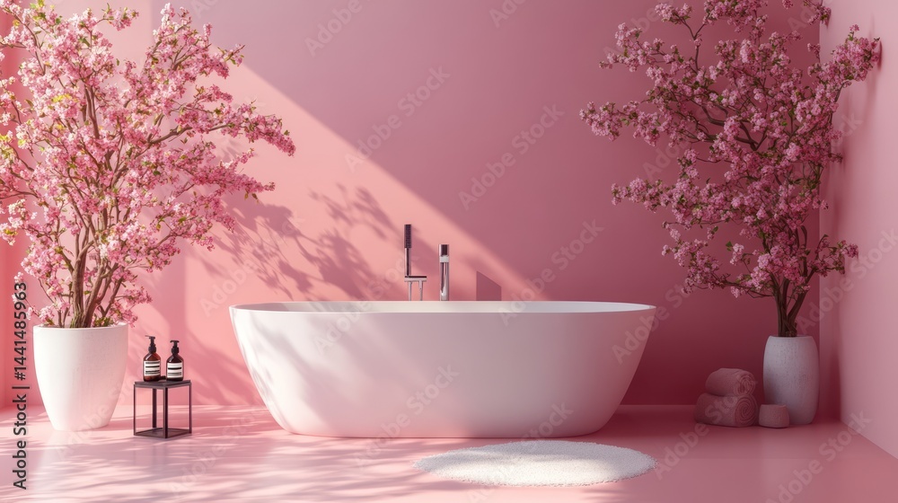 Elegant blush-toned bathroom interior with soaking tub and floral accents