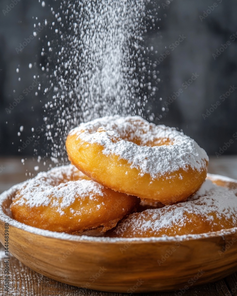 Delicious homemade donuts covered with powdered sugar in a wooden bowl on a rustic table creating a warm and inviting atmosphere perfect for breakfast or dessert