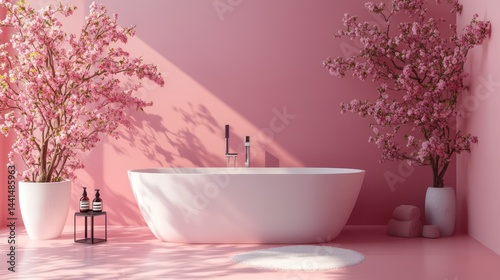Obraz na płótnie Elegant blush-toned bathroom interior with soaking tub and floral accents w salonie