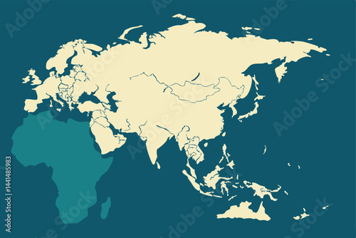 Create a minimalist, high-contrast vector map of Asia, emphasizing geographical outlines.  Focus on clean lines and bold shapes.