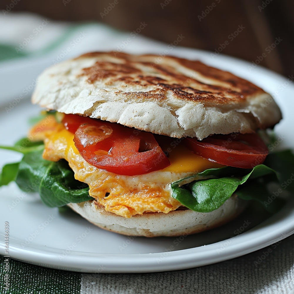 Delicious breakfast sandwich with egg tomato cheese and spinach on a white plate a culinary delight close up shot mouthwatering food photography