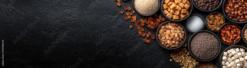 Diverse array of sugars displayed in bowls on a dark background showcasing culinary delights Diverse array of sugars displayed in bowls on a dark background showcasing culinary delights