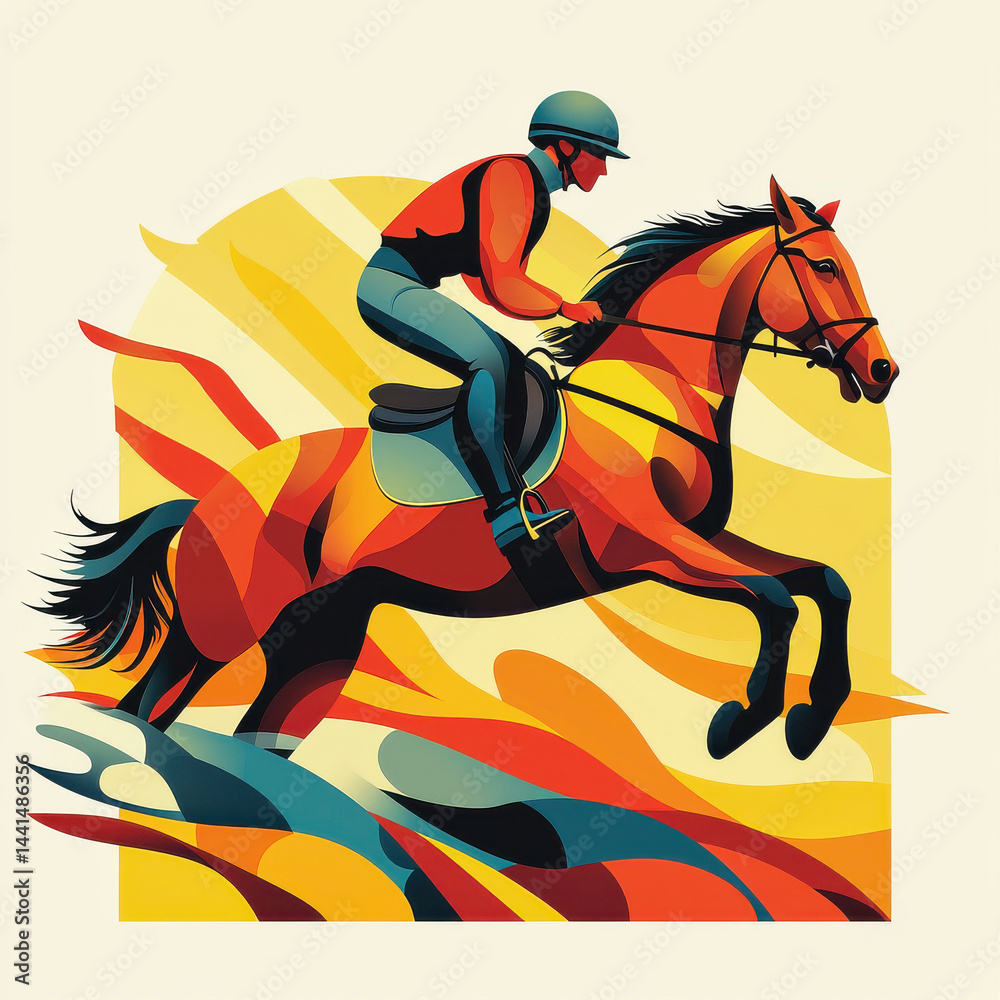 Fototapeta premium vibrant illustration of rider on horse in motion