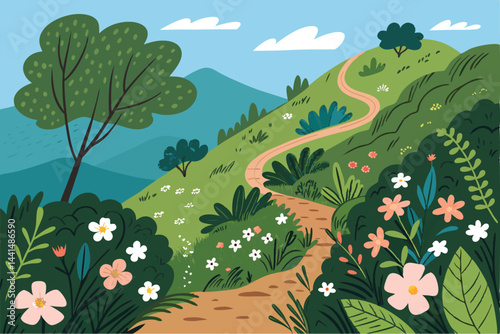 Lush green spring mountain hiking trail; vibrant foliage, steep incline,  winding path, bold brow of hill.