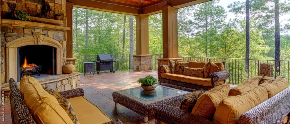 Inviting outdoor living space with stone fireplace wicker furniture and lush green forest backdrop showcasing luxurious comfort and serene nature in a tranquil setting