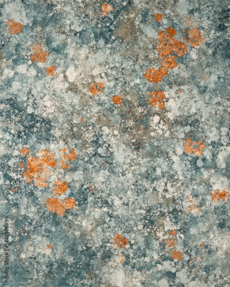 Abstract lichen texture in teal and orange tones creating a natural organic pattern with a watercolor effect for backgrounds and design elements with a macro lens