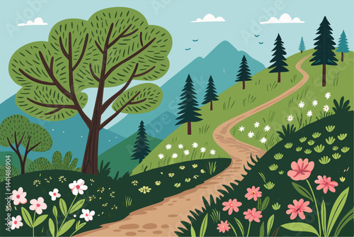 Lush spring mountain hiking trail; vibrant green foliage, bold brow ridge; sun-dappled path.