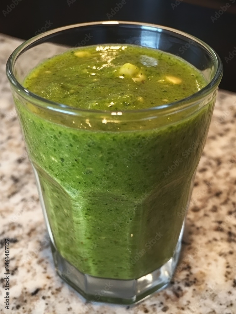 Refreshing green smoothie in glass on kitchen countertop healthy lifestyle vibrant color nutritious drink close up shot healthy eating concept wellness focus