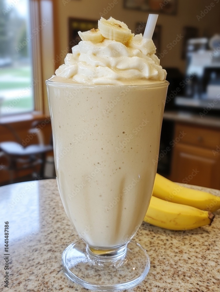 Creamy banana smoothie topped with whipped cream and fresh banana slices served in glass cup with natural light and elegant background for healthy lifestyle