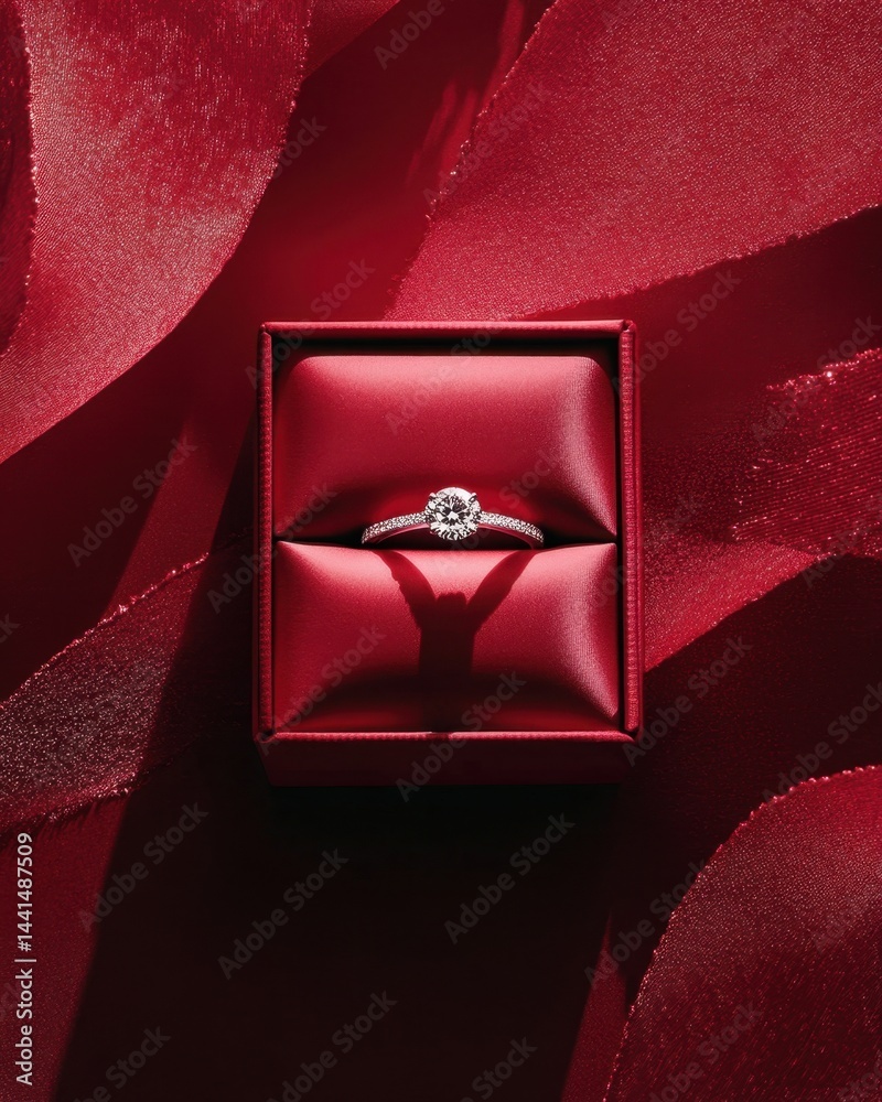 Elegant diamond ring in a red box surrounded by satin ribbon creating a romantic and luxurious ambiance perfect for engagement wedding or anniversary celebration