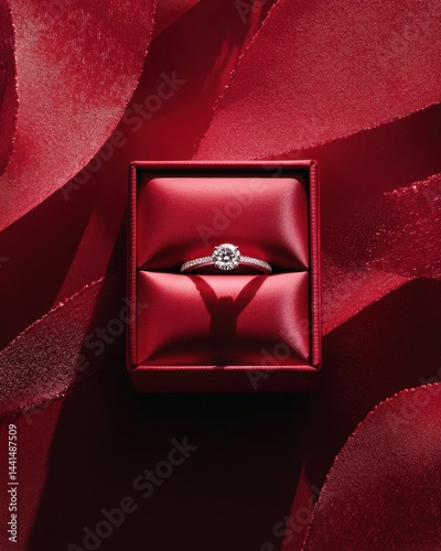Obraz na płótnie Elegant diamond ring in a red box surrounded by satin ribbon creating a romantic and luxurious ambiance perfect for engagement wedding or anniversary celebration w salonie