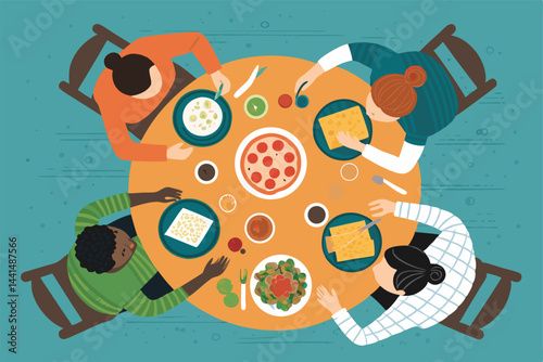 Overhead view illustration of a cozy dinner party scene, featuring a solid color background and warm lighting, emphasizing intimate gathering and delicious food.