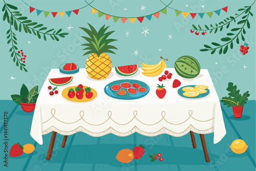 Overhead shot of a beautifully decorated table laden with a festive lunch, showcasing vibrant food and celebratory decorations.  Focus on the colorful arrangement and abundant food.