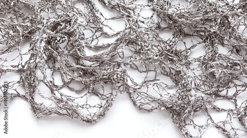 Abstract metallic net on white backdrop creating a futuristic and modern visual with a clean aesthetic silver netting and bright studio lighting for a clean look