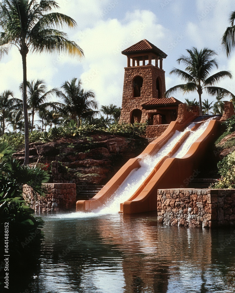 Captivating tropical resort water slide with stone tower palm trees and serene water reflecting the sky offering an idyllic vacation escape under a bright sky