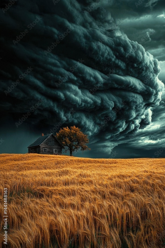 Dramatic landscape featuring a solitary house and tree beneath a powerful storm cloud over golden wheat field, creating a sense of foreboding and beauty