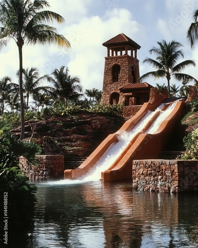 Obraz na płótnie Captivating tropical resort water slide with stone tower palm trees and serene water reflecting the sky offering an idyllic vacation escape under a bright sky w salonie