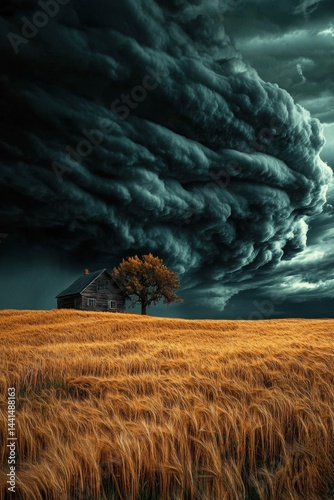 Obraz na płótnie Dramatic landscape featuring a solitary house and tree beneath a powerful storm cloud over golden wheat field, creating a sense of foreboding and beauty w salonie