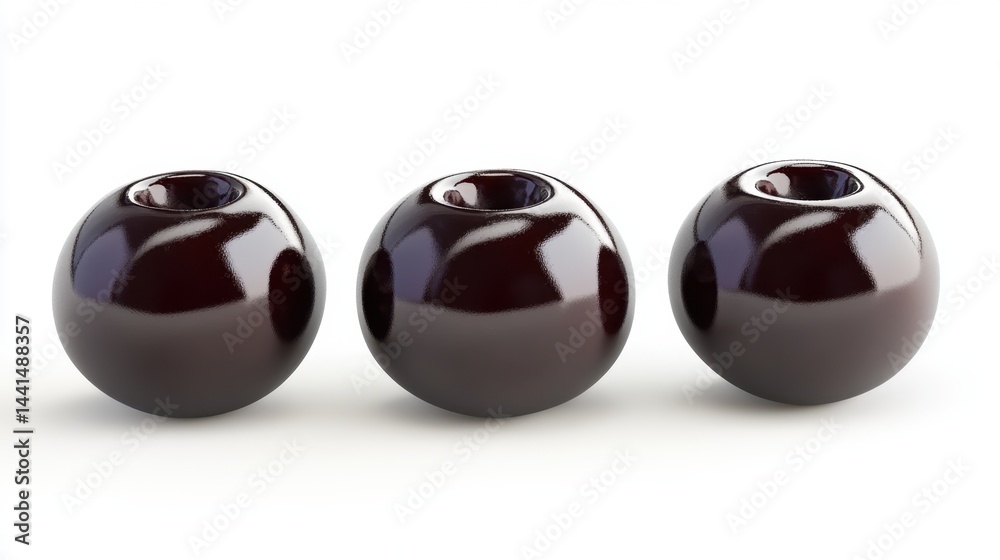 Three glossy dark red spheres with holes on top arranged in a row on a white surface studio shot abstract minimalist style with soft lighting and smooth reflections