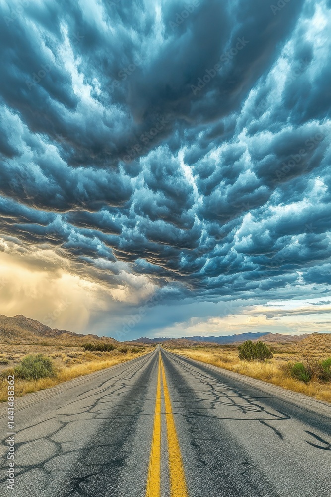 Dramatic storm clouds over a long desert road with yellow lines and distant mountains creating a sense of adventure and travel under a moody sky