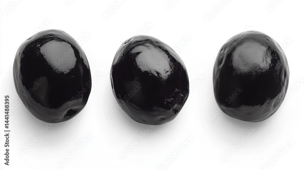 Three glossy black olives arranged in a row on a clean white background studio shot close up of fresh olives ingredient for mediterranean cuisine