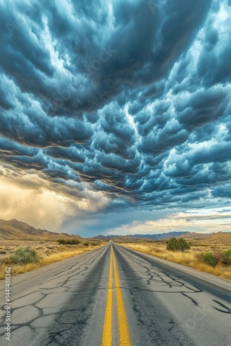 Obraz na płótnie Dramatic storm clouds over a long desert road with yellow lines and distant mountains creating a sense of adventure and travel under a moody sky w salonie