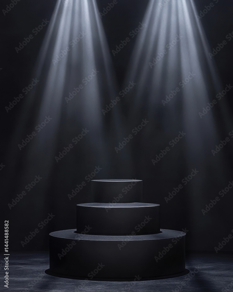 Elegant black podium illuminated by spotlights against a dark background showcasing product presentation with minimalist design and dramatic lighting for luxury branding