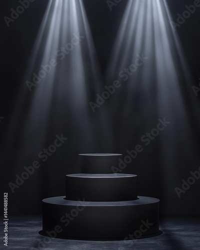 Obraz na płótnie Elegant black podium illuminated by spotlights against a dark background showcasing product presentation with minimalist design and dramatic lighting for luxury branding w salonie