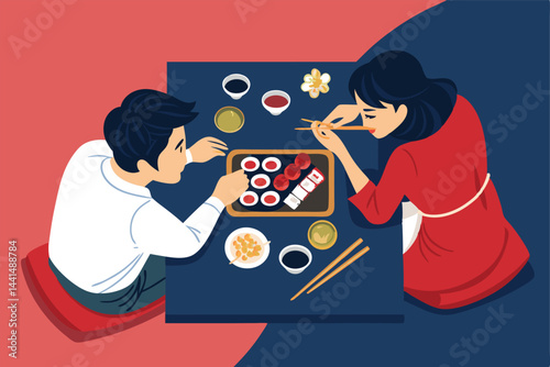 Overhead vector illustration of a romantic couple enjoying a sushi dinner date, showcasing various sushi pieces on a plate.