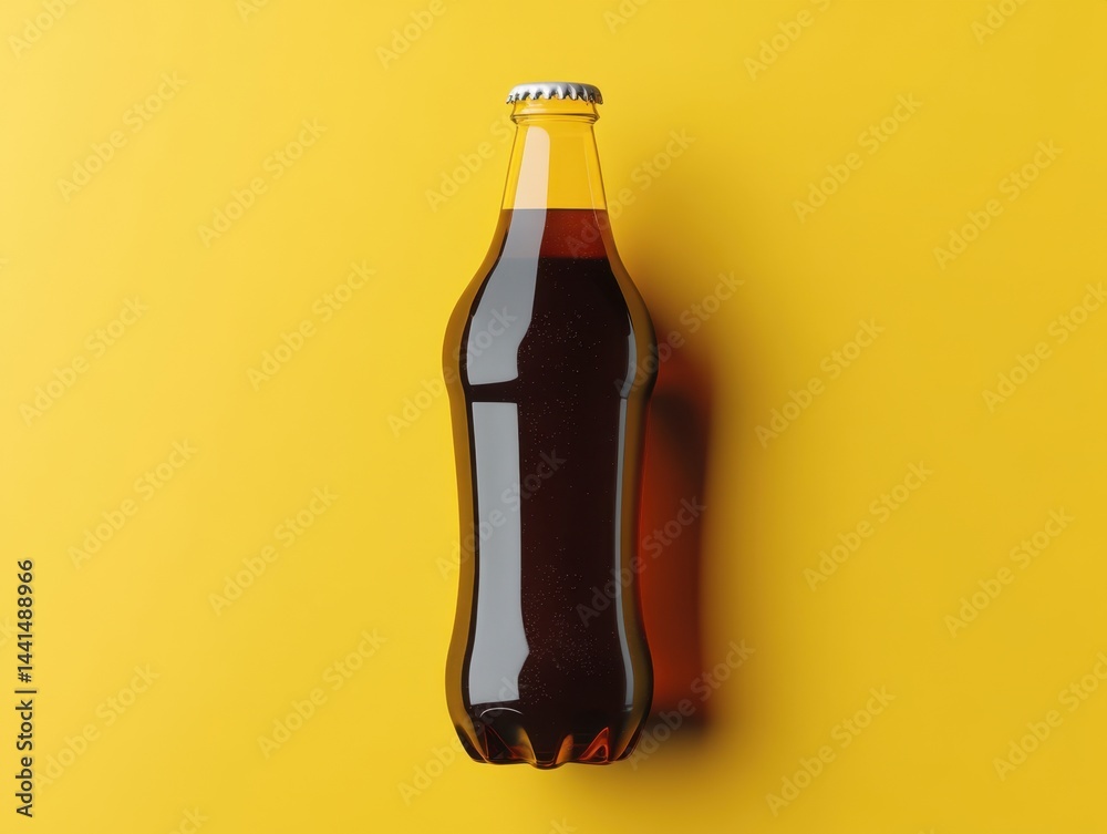 Refreshing dark soda in a glass bottle on a vibrant yellow background creating a minimalist and modern aesthetic perfect for thirst quenching and summer refreshment