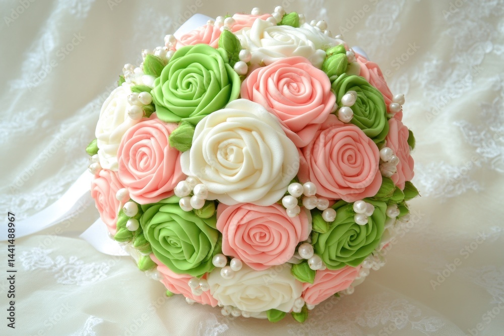 Pastel Rose Bouquet on Lace Fabric a Romantic Still Life with Green Pink and White Flowers for Wedding Celebration and Elegant Decoration in Soft Focus