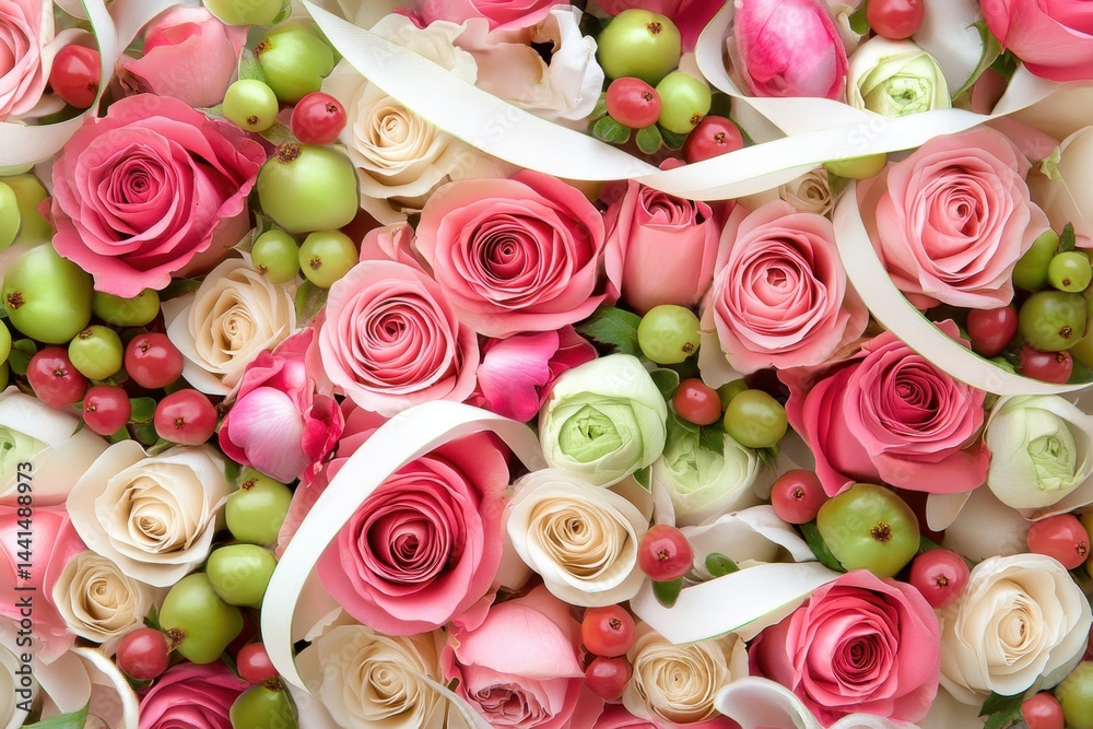 Elegant floral arrangement featuring pink and white roses with green apples and red berries creating a vibrant and romantic botanical composition